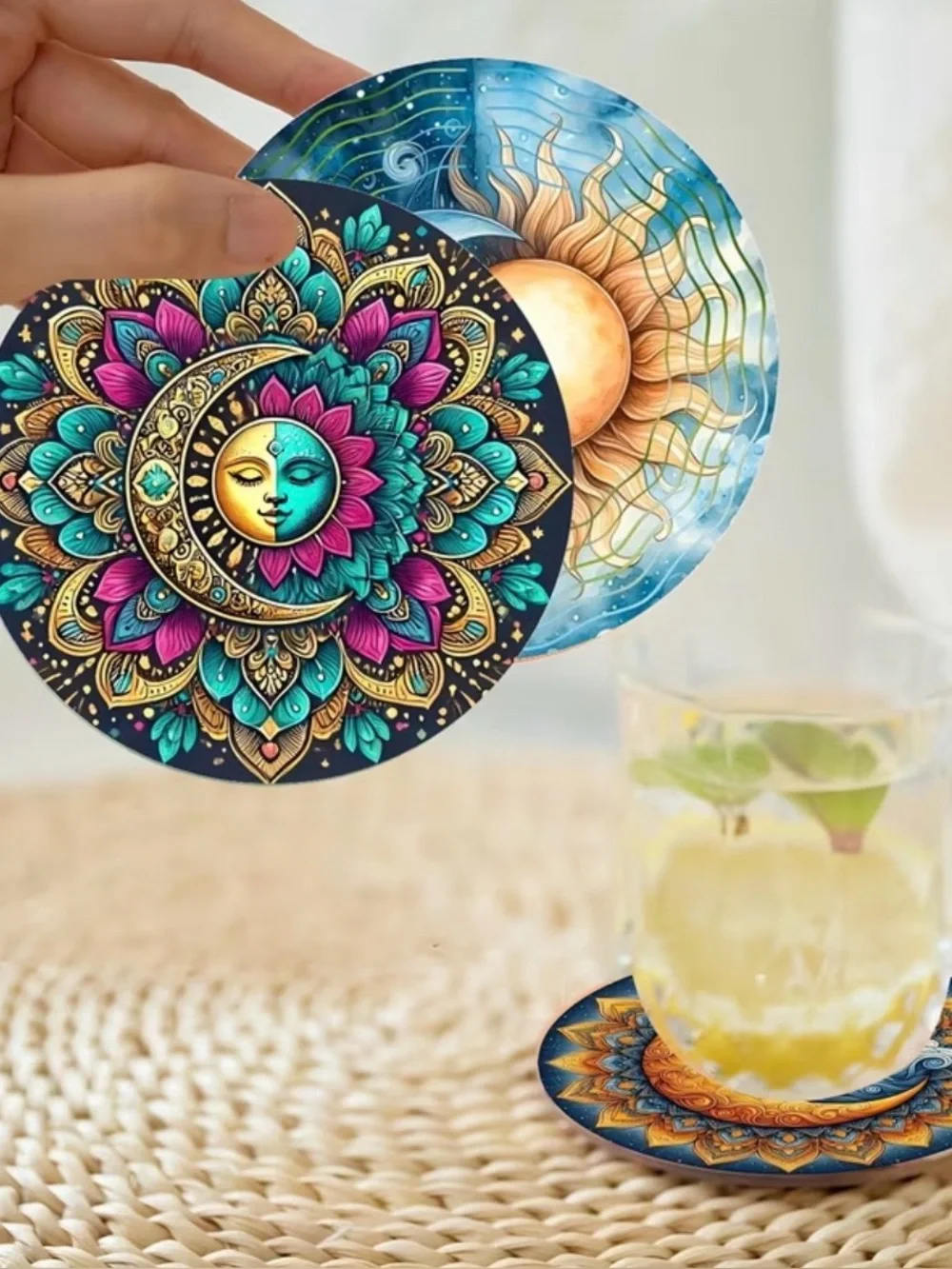 8 Piece Celestial Sun & Moon Round Drink Coasters – Multicolor Set